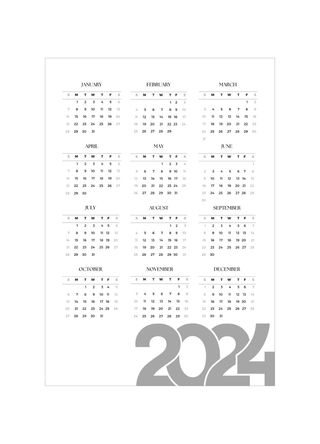 Year 2024 Monthly Calendar Bullet Journal